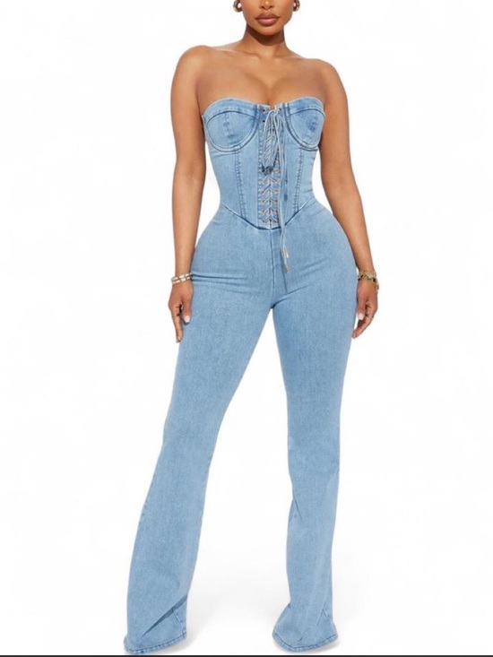Fashion Nova Pants - Light Wash Denim Corset Jumpsuit